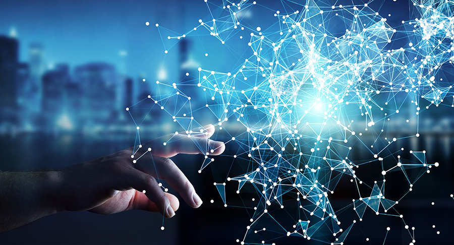 Businessman on blurred background touching flying network connection 3D rendering